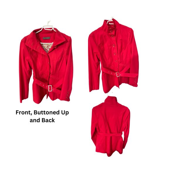 Large Suzi Shier Red With Silver Detail Buttons and Belt Trench Coat - Picture 3 of 8